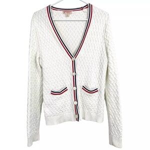 Brooks Brothers Textured White Cardigan with Red and Black Trim